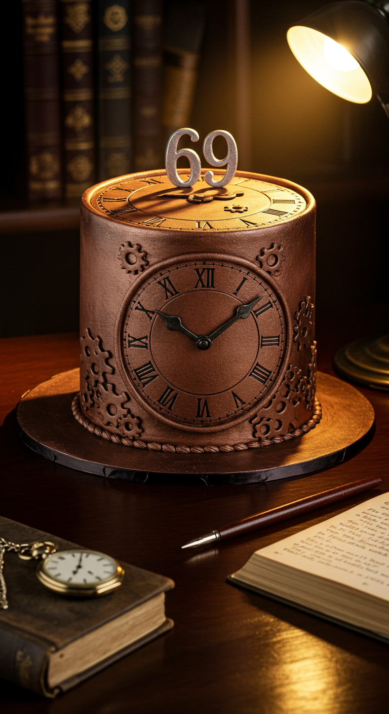 Braune Torte in Form einer alten Uhr mit Ziffernblatt und Zahnrädern, Zahl 69.