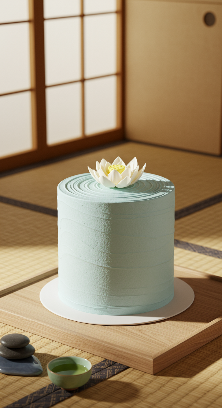 Hellblaue Torte mit konzentrischen Kreisen und einer Lotusblüte.