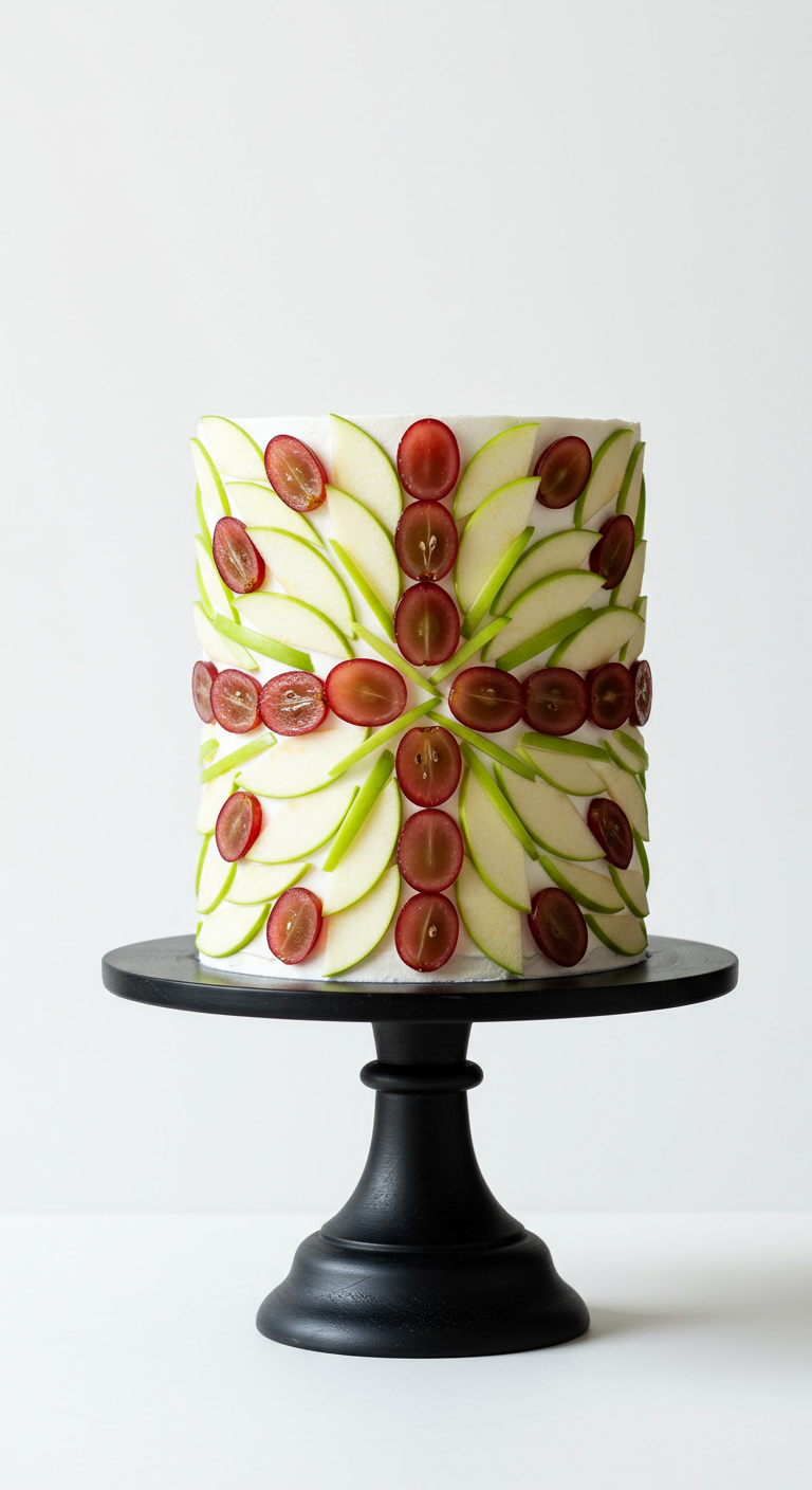 Weiße Torte, kunstvoll dekoriert mit einem Muster aus grünen Apfelscheiben und roten Traubenhälften.