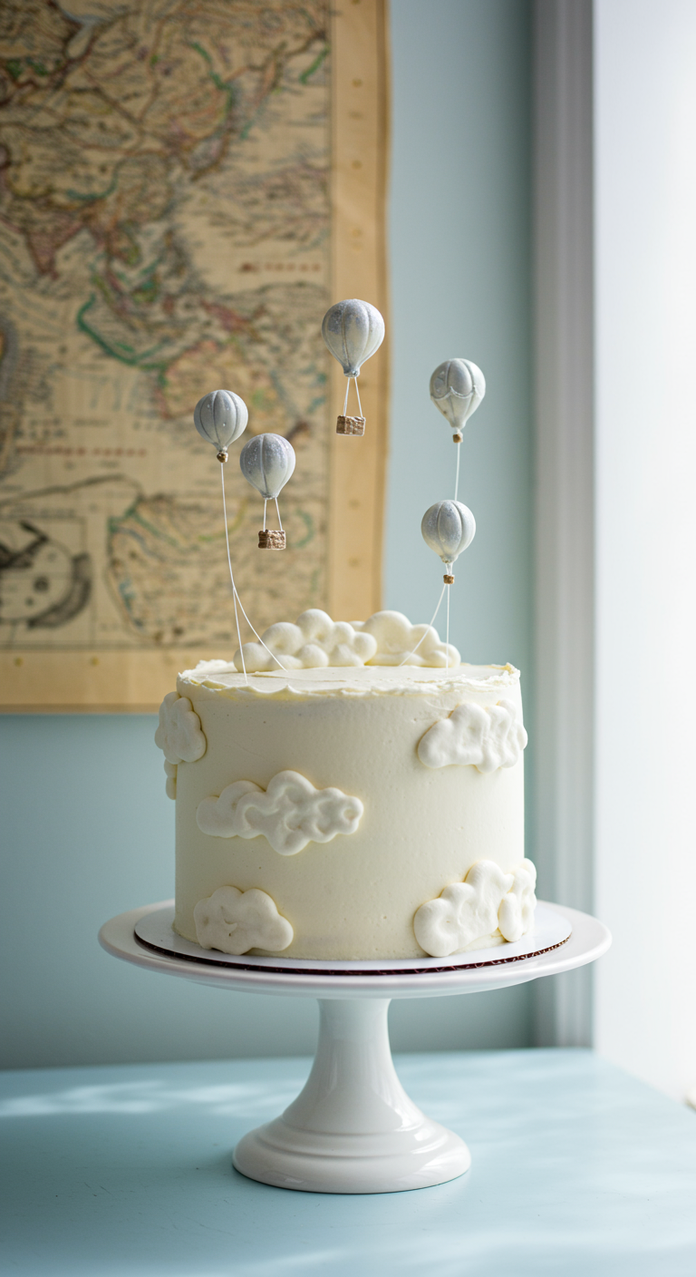 Weiße Torte mit aufgespritzten Wolken und kleinen Heißluftballon-Toppern.