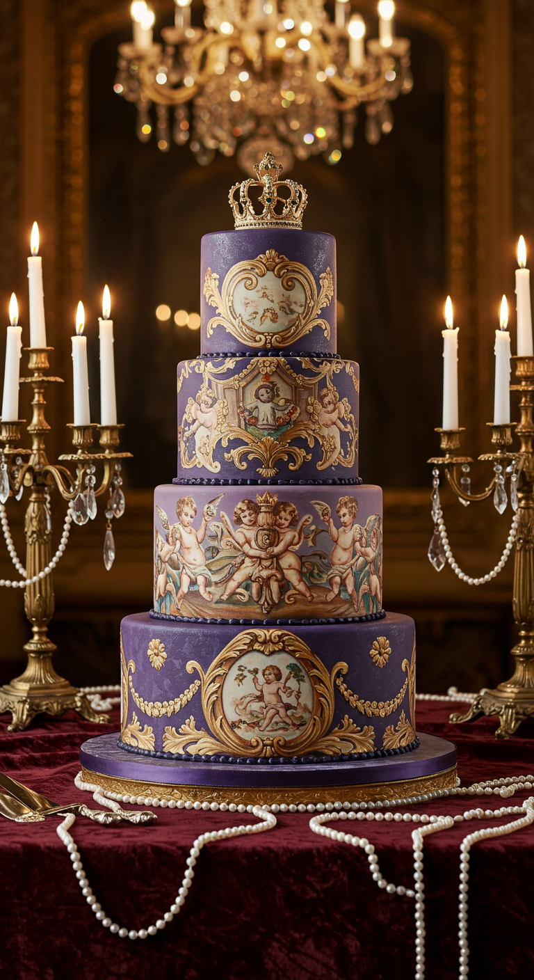 Vierstöckige lila Torte mit handgemalten Barock-Engelszenen und Goldverzierungen