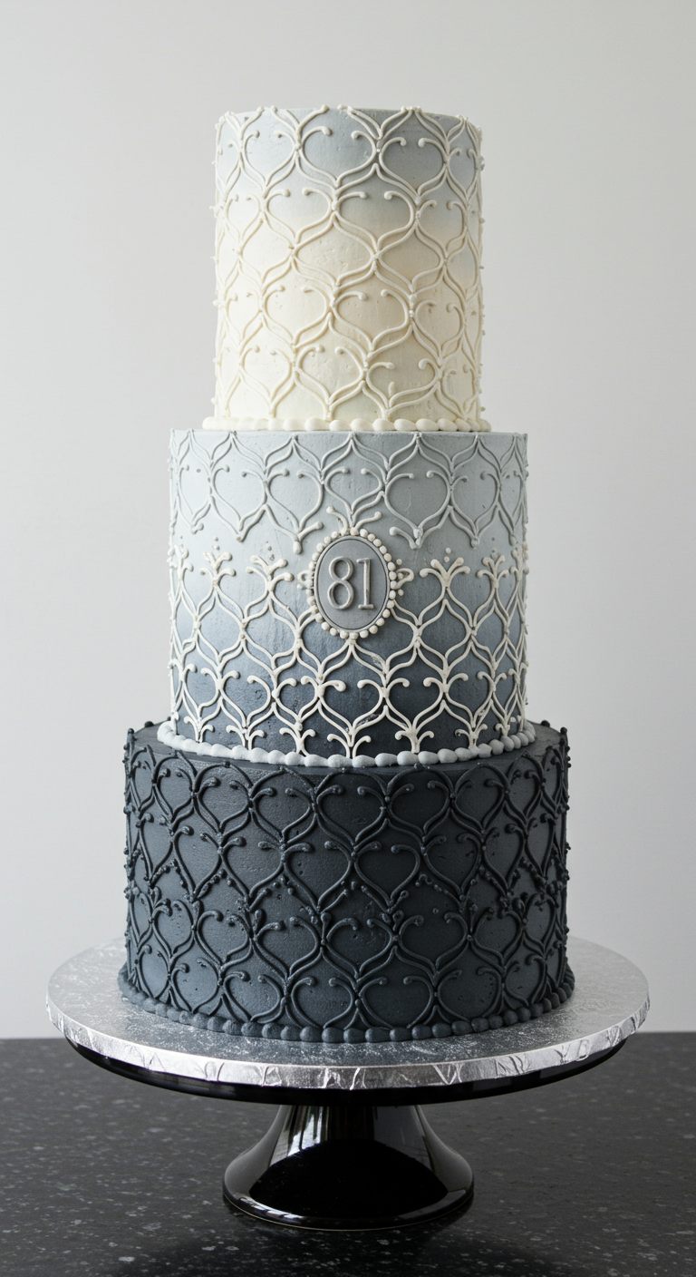 Dreistöckige Torte mit grauem Ombré-Verlauf und aufwendigen gespritzten Mustern.