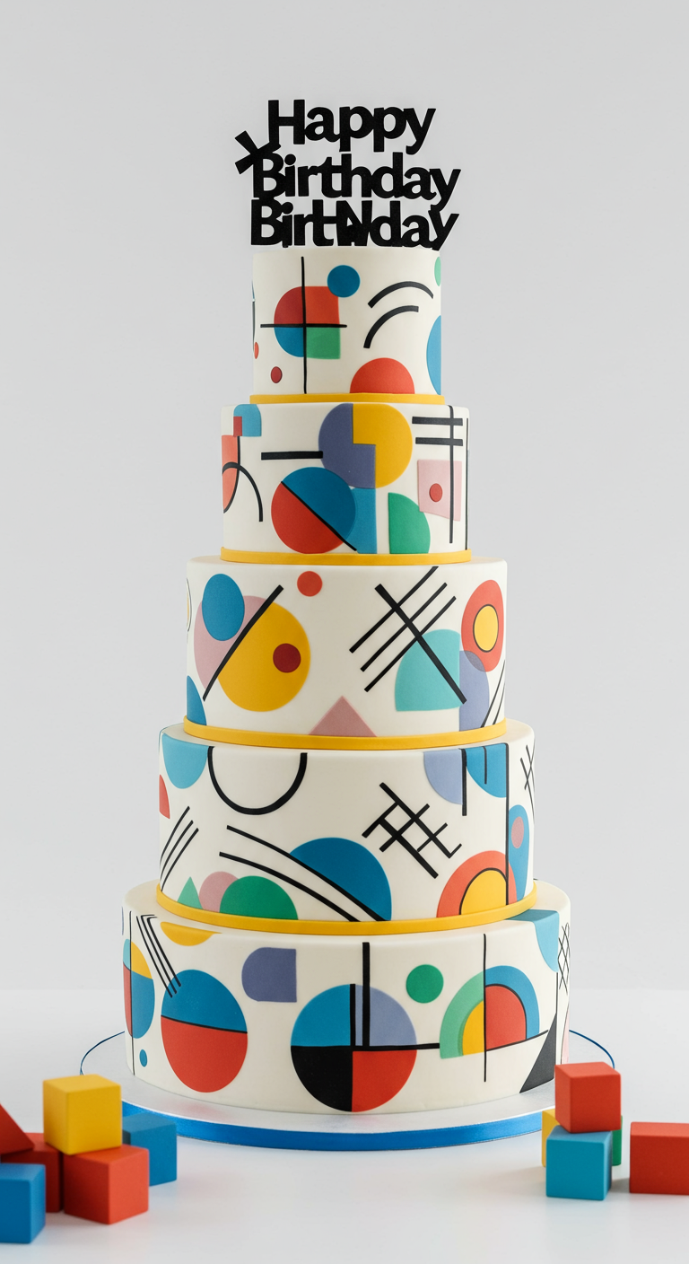 Mehrstöckige Torte mit geometrischen Formen in Primärfarben im Bauhaus-Stil.