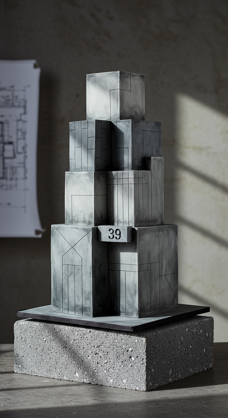 Graue Torte im brutalistischen Architekturstil mit der Zahl 39.