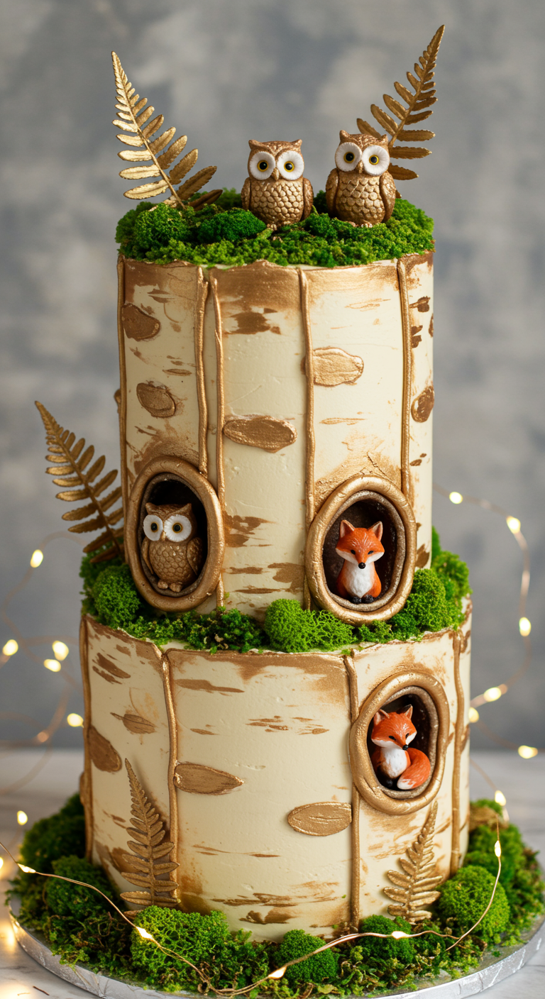 Zweistöckige Birkenstamm-Torte mit Eulen und Füchsen.