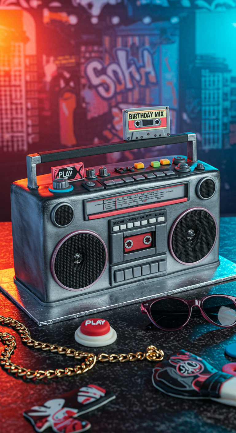 Torte in Form eines silbernen Ghettoblasters mit Play-Button und Kassette.