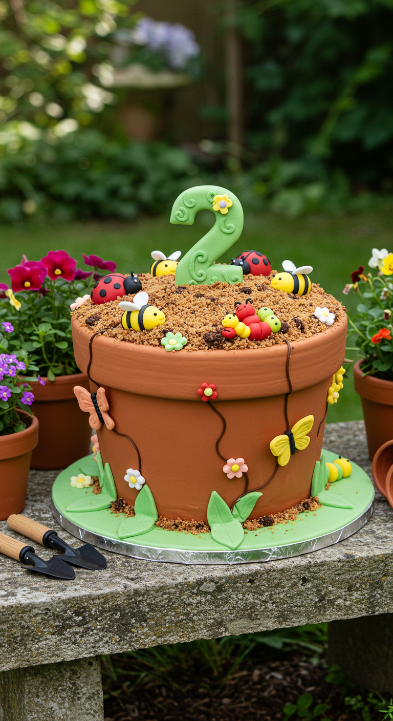 Kuchen in Form eines Blumentopfs mit Fondant-Bienen, Käfern und Blumen.