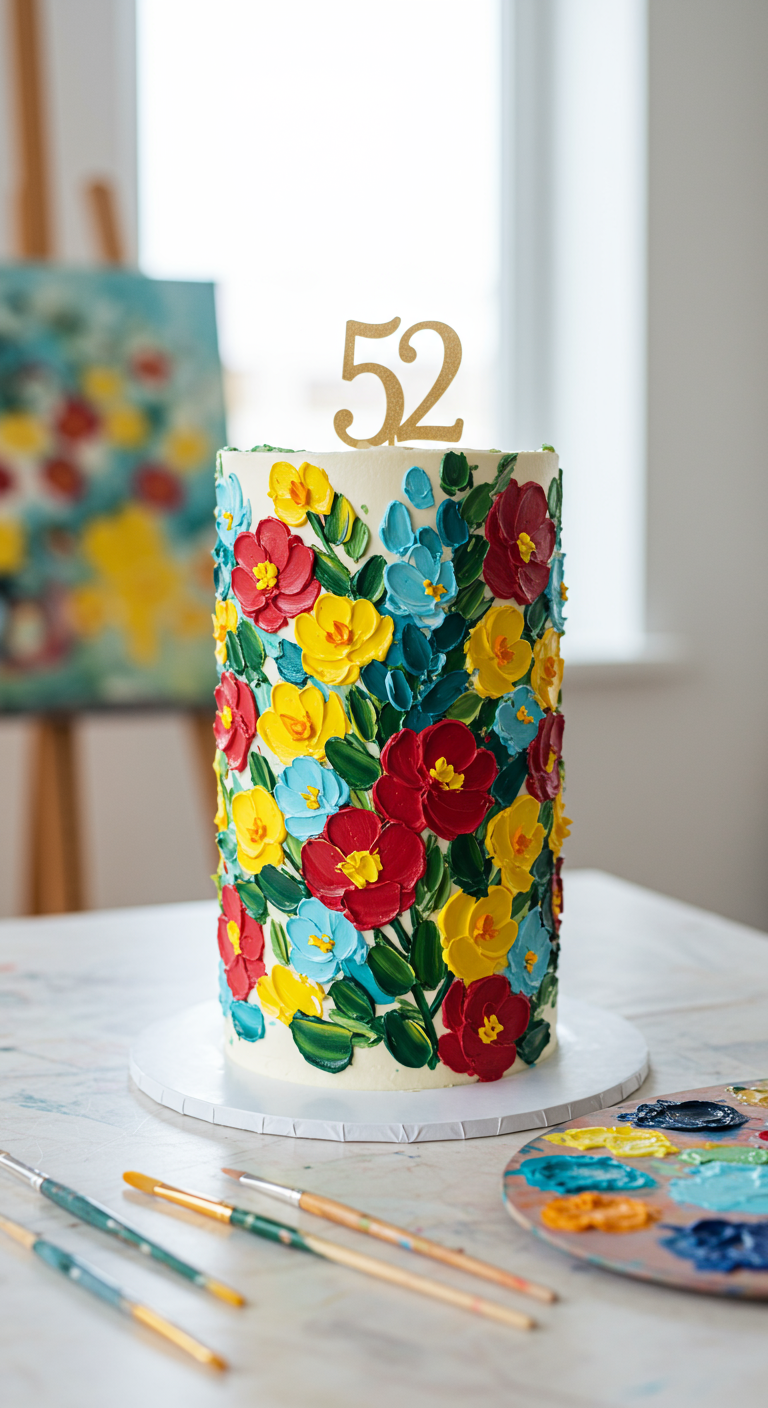 Hohe weiße Torte mit bunten, mit Palettmesser aufgetragenen Buttercreme-Blumen.