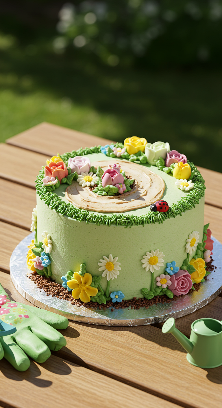 Grüne Buttercreme-Torte dekoriert mit bunten Zuckerblumen und einem Marienkäfer.