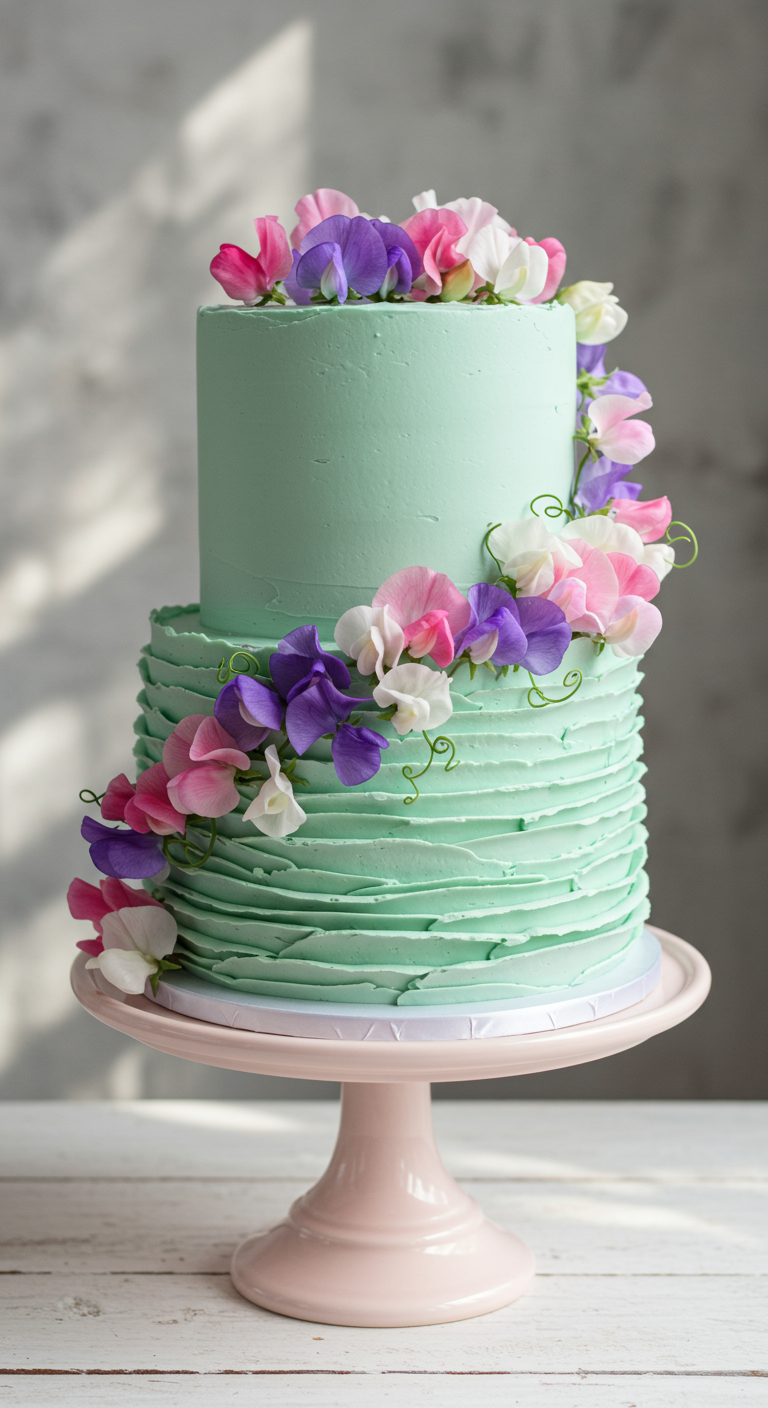 Zweistöckige mintgrüne Torte mit einer Ranke aus lila und rosa Zuckerblüten.