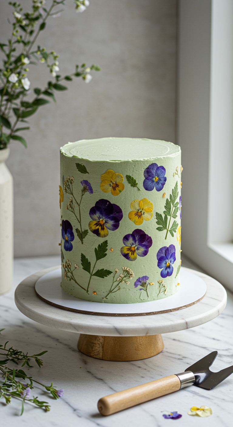 Hellgrüne Torte mit aufgepressten essbaren bunten Blüten.