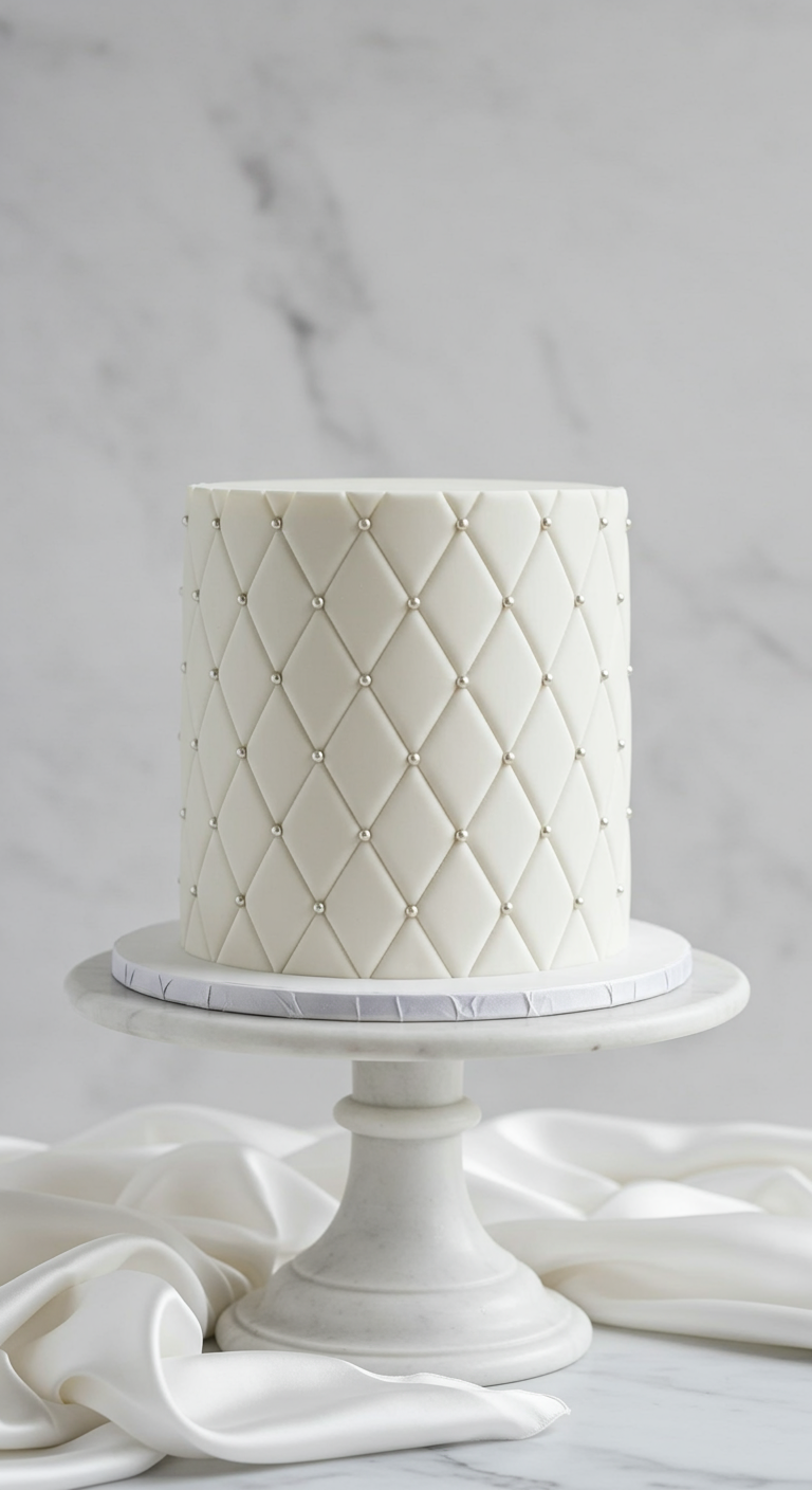 Weiße, zylindrische Torte mit einem eleganten gesteppten Rautenmuster und silbernen Zuckerperlen an den Kreuzungspunkten.
