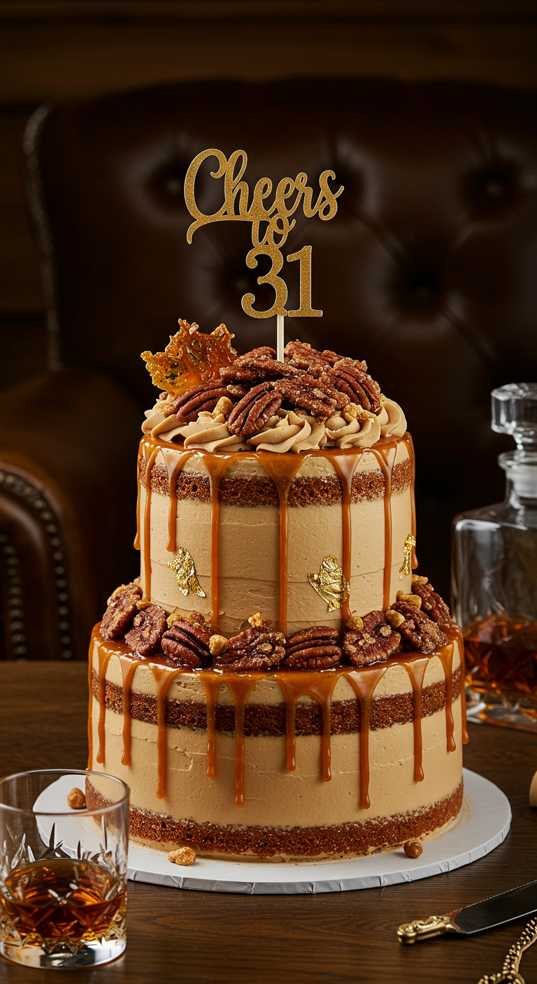 Zweistöckige Karamelltorte mit Pekannüssen, Blattgold und „Cheers to 31“-Topper.