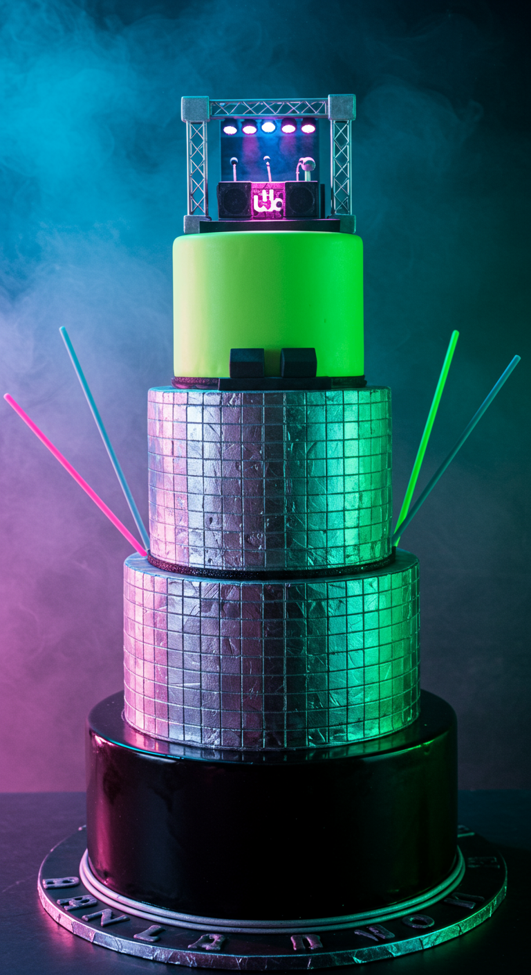 Dreistöckige Torte: schwarz, Discokugel-Muster, neongrün mit DJ-Pult-Topper.