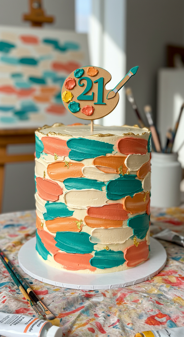 Torte mit abstrakt aufgetragener bunter Buttercreme und Paletten-Topper.