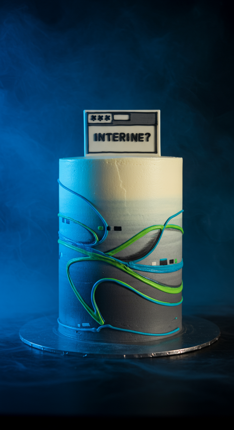 Torte mit Farbverlauf, blauen und grünen Linien und einem Interine-Schild.
