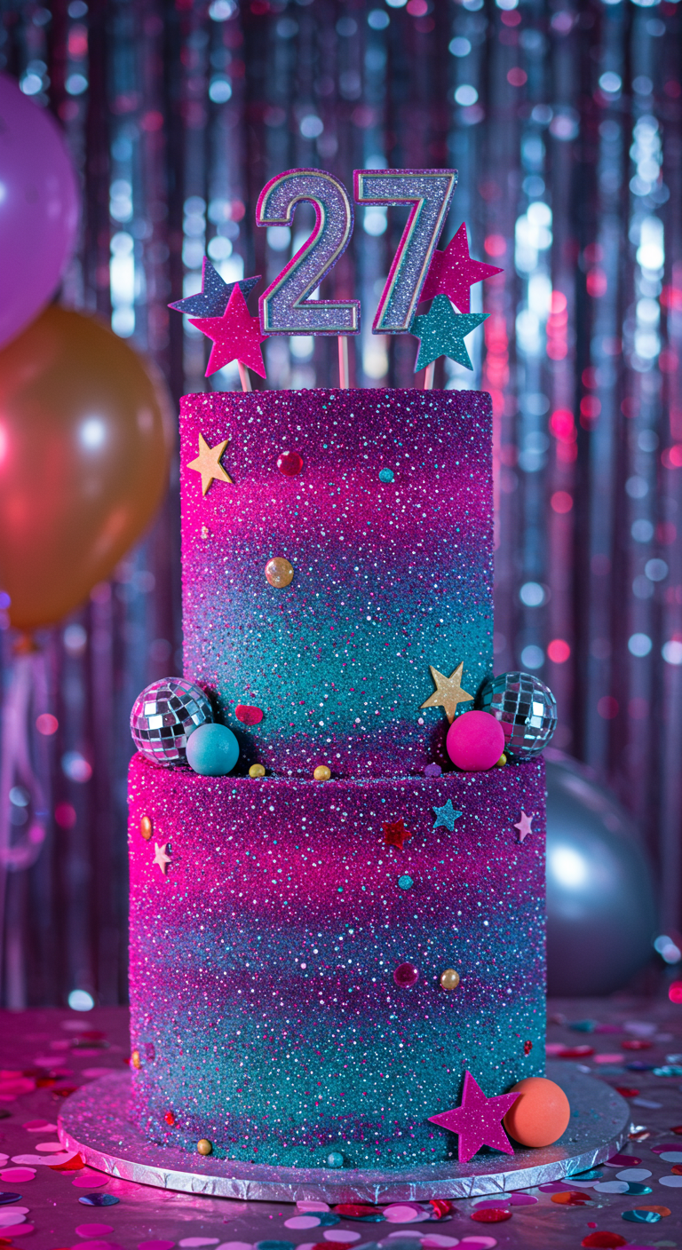 Zweistöckige Glitzer-Torte in Pink und Türkis mit Discokugeln und Sternen.