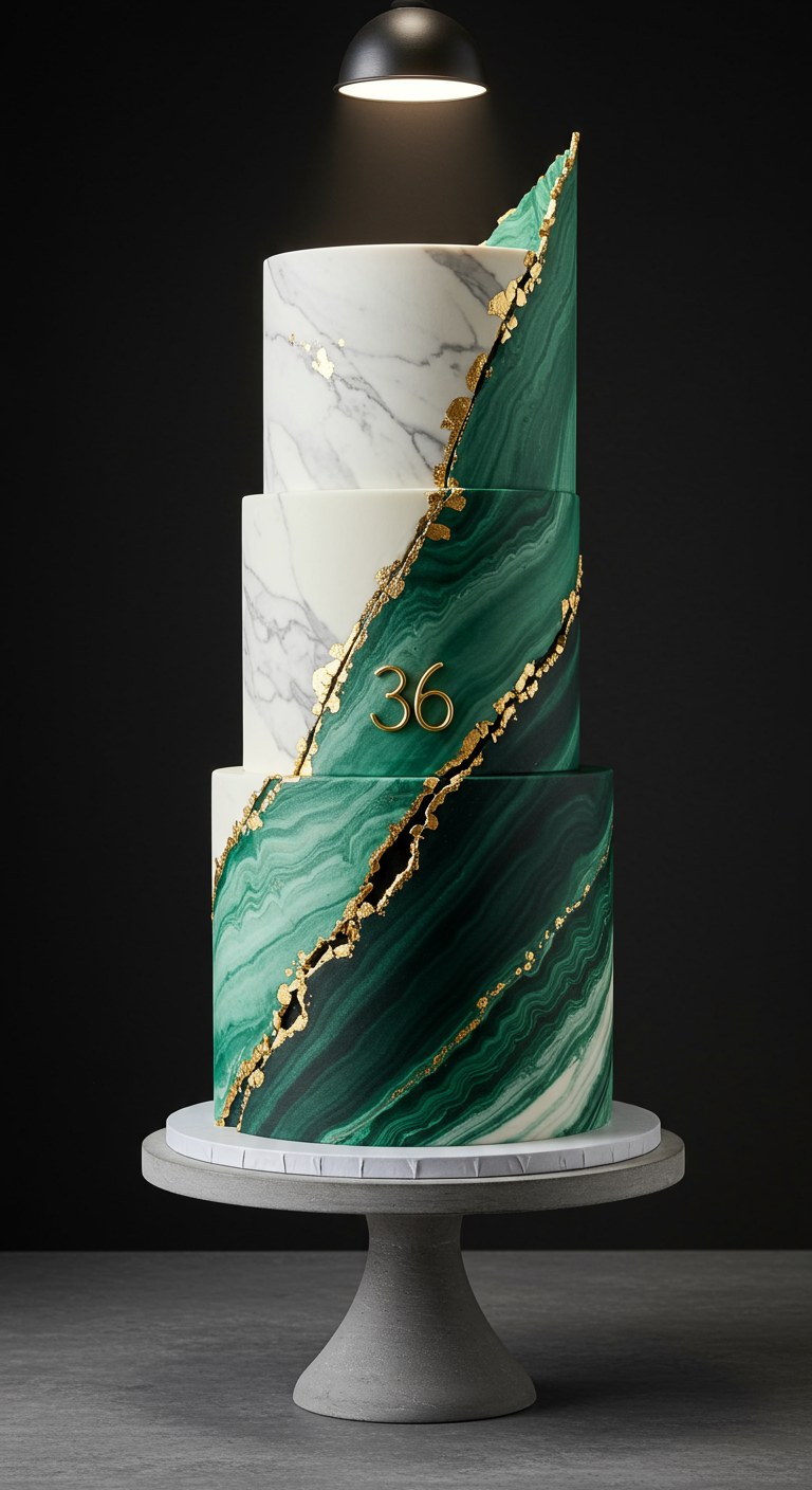 Dreistöckige Torte mit weiß-grauer Marmoroptik und einem grünen Edelstein-Band mit Goldrändern.