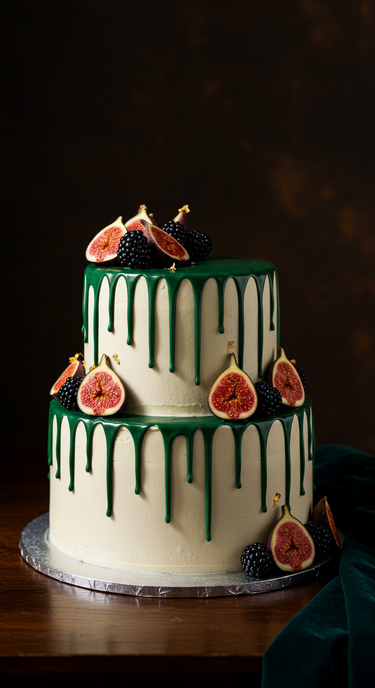 Zweistöckige weiße Torte mit dunkelgrünem Drip, Feigen und Brombeeren.