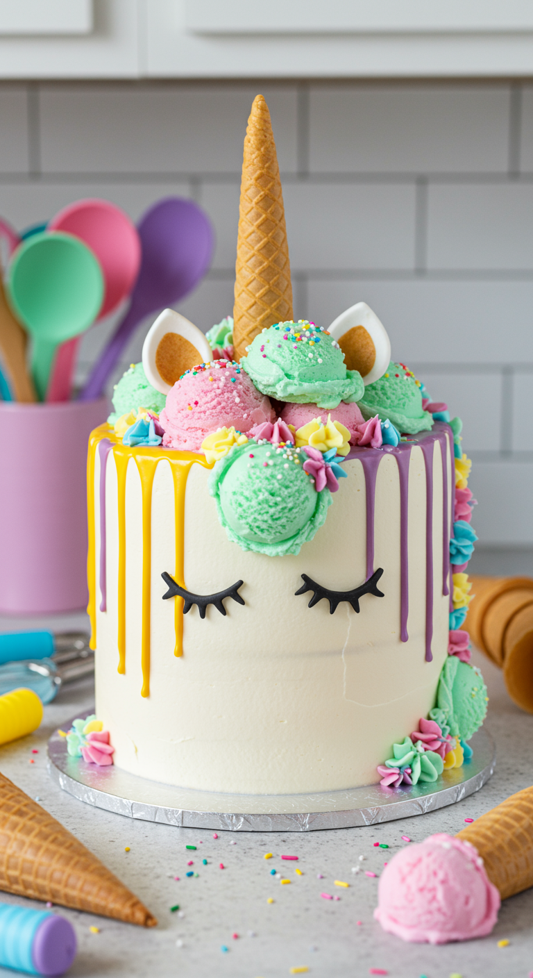 Einhorntorte dekoriert wie ein Eisbecher mit Buttercreme-Eiskugeln und Eistüten-Horn.