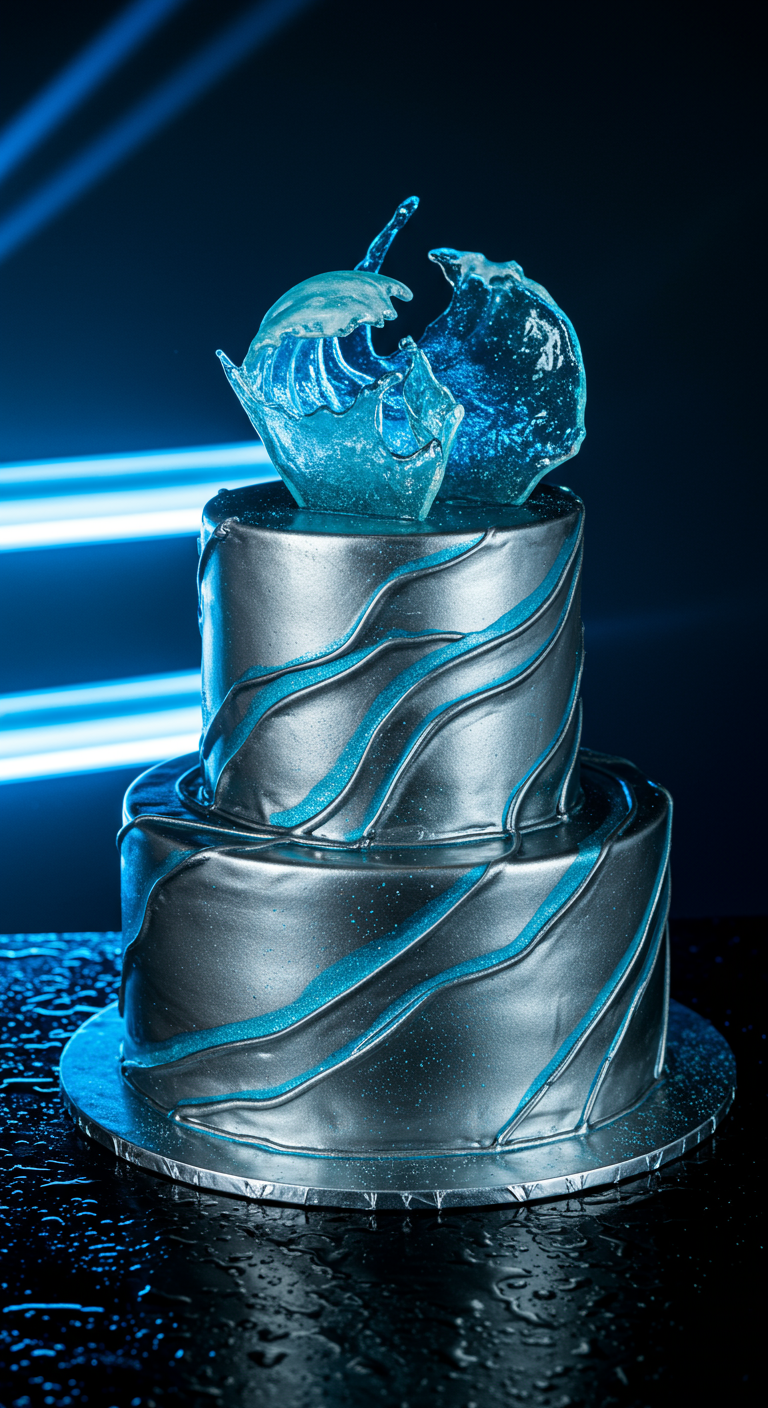 Zweistöckige silberne Torte mit blauen Glitzerlinien und einem klaren Zucker-Splash.