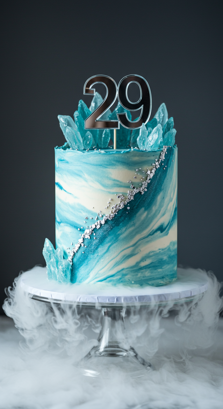 Blau-weiß marmorierte Torte mit Eiskristallen und Zahl 29 Topper.