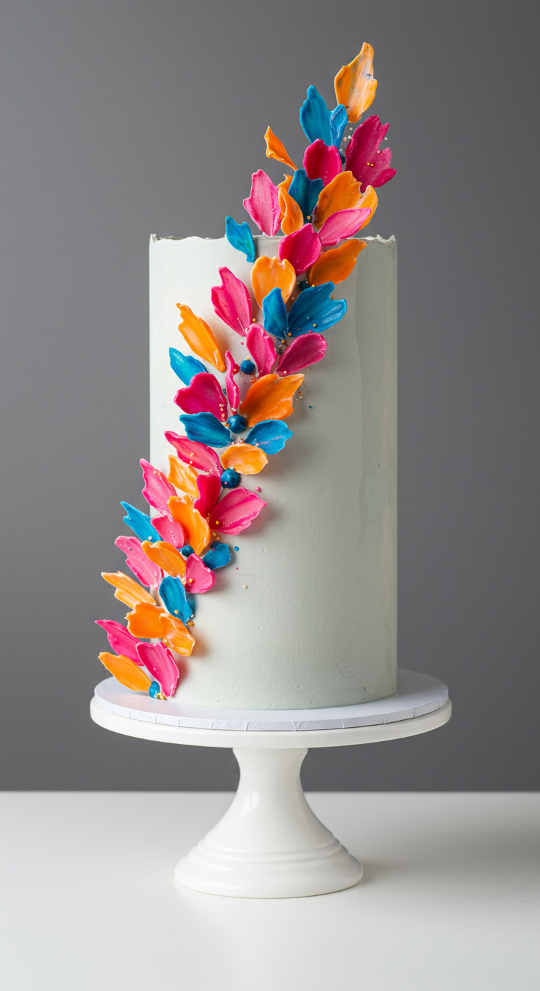 Hohe, hellblaue Torte mit abstrakten, bunten Buttercreme-Blütenblättern.