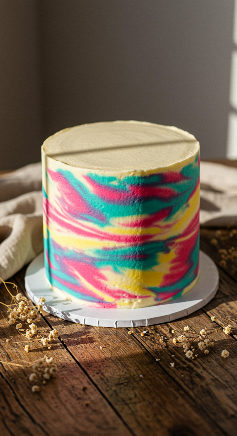 Runde Torte mit buntem Tie-Dye-Muster aus Buttercreme in Pink, Türkis und Gelb.