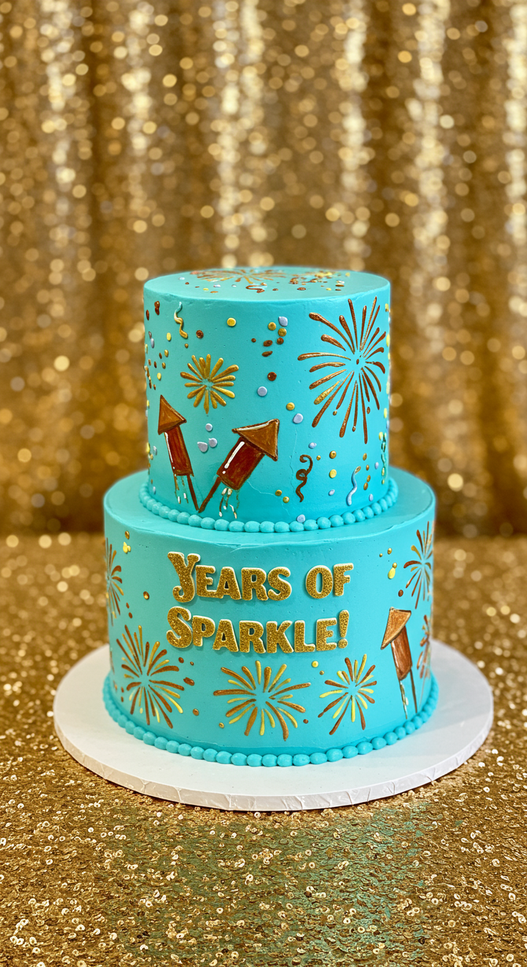 Türkise Torte mit aufgemalten goldenen Feuerwerken und Raketen.