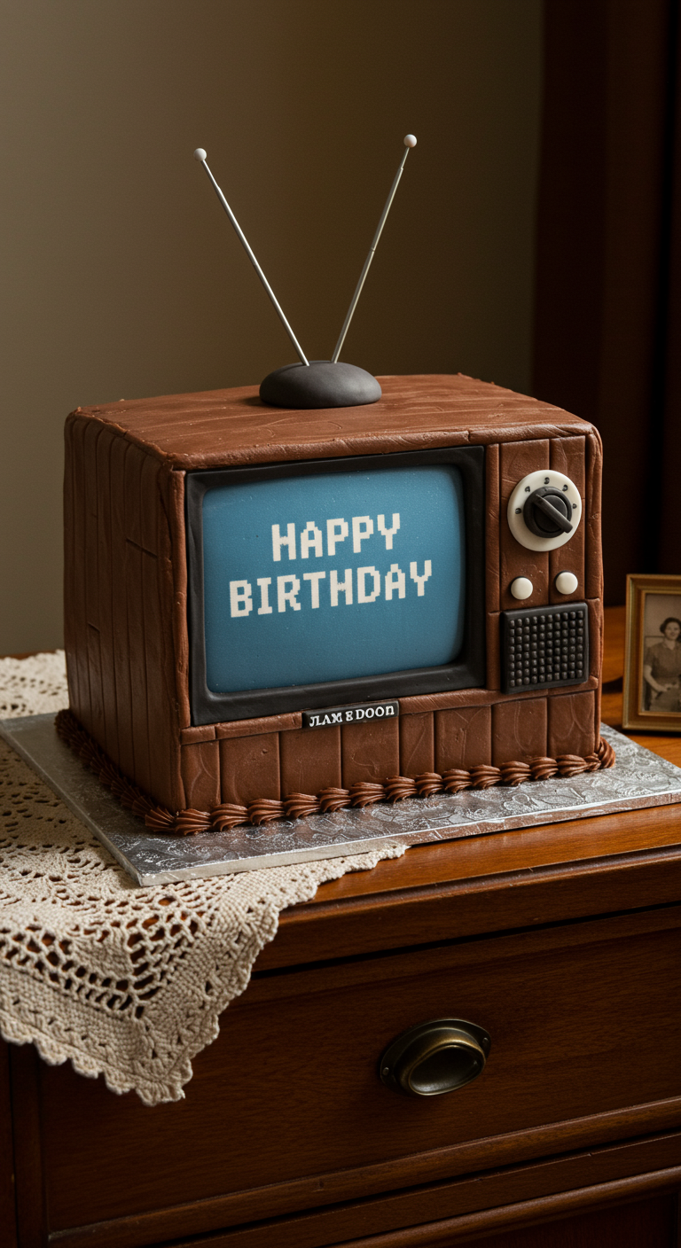 Torte in Form eines alten Fernsehers mit „Happy Birthday“ auf dem Bildschirm.
