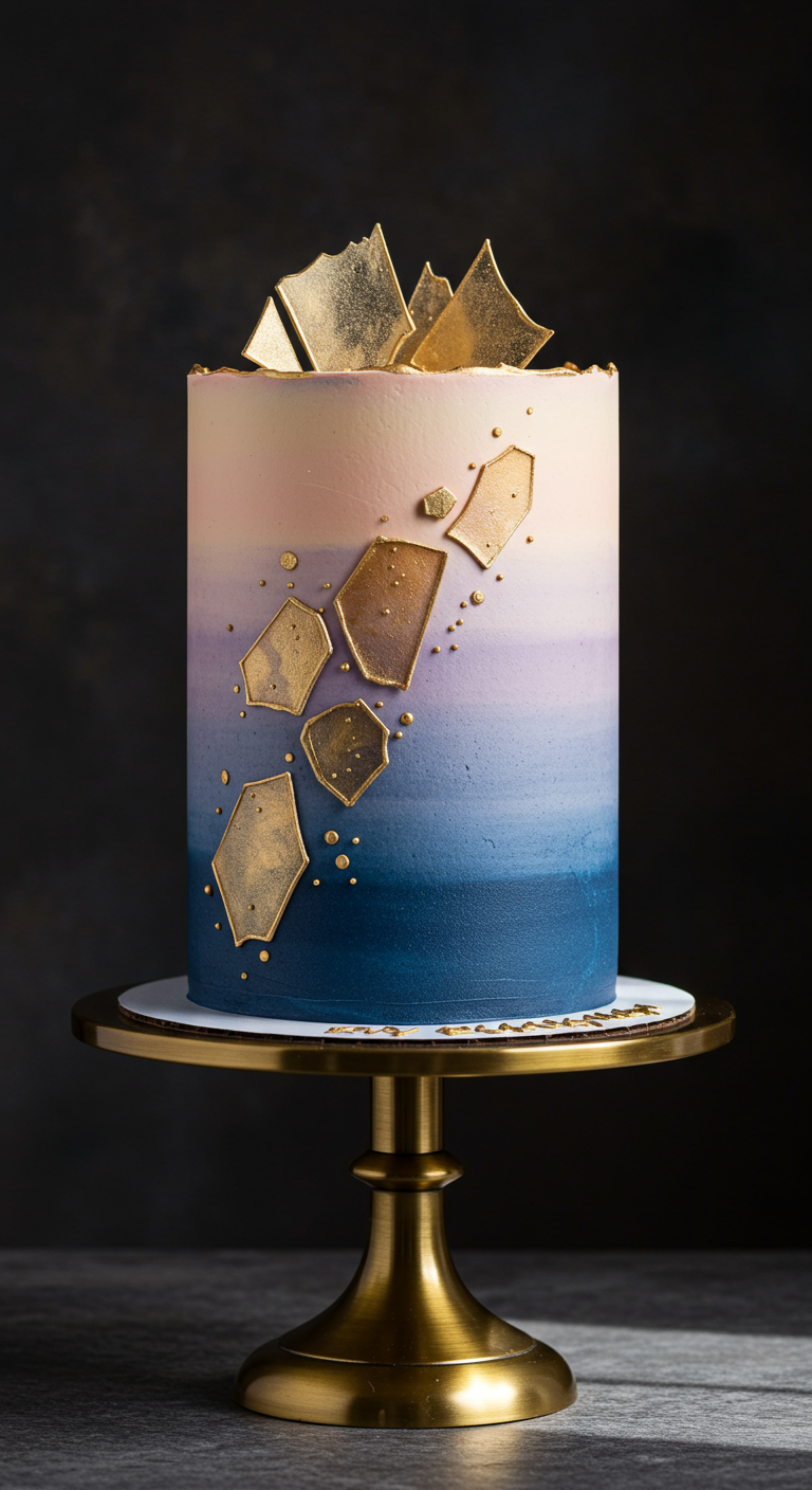 Hohe Torte mit Farbverlauf von Pfirsich zu Dunkelblau und goldenen Splittern.