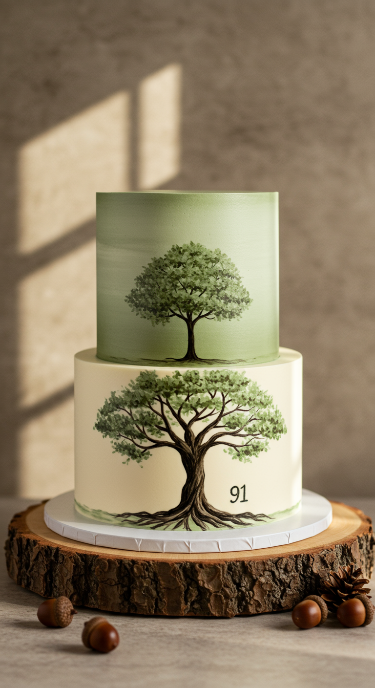 Zweistöckige Torte mit gemalten Bäumen und Zahl 91 am unteren Rand.