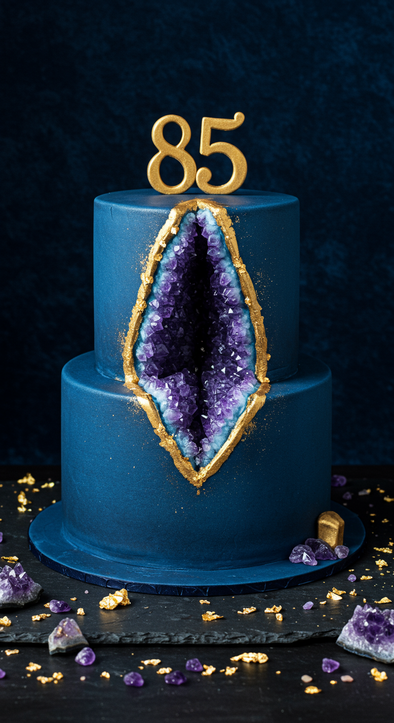 Zweistöckige dunkelblaue Torte mit einer lila Kristall-Geoden-Öffnung und Goldrand.