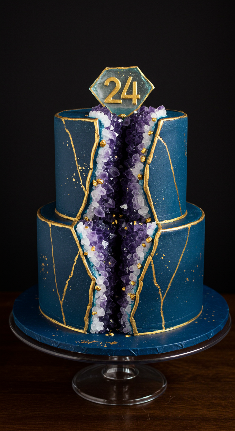 Zweistöckige, dunkelblaue Geoden-Torte mit lila-weißen Zuckerkristallen in einer Spalte, goldene Akzente.