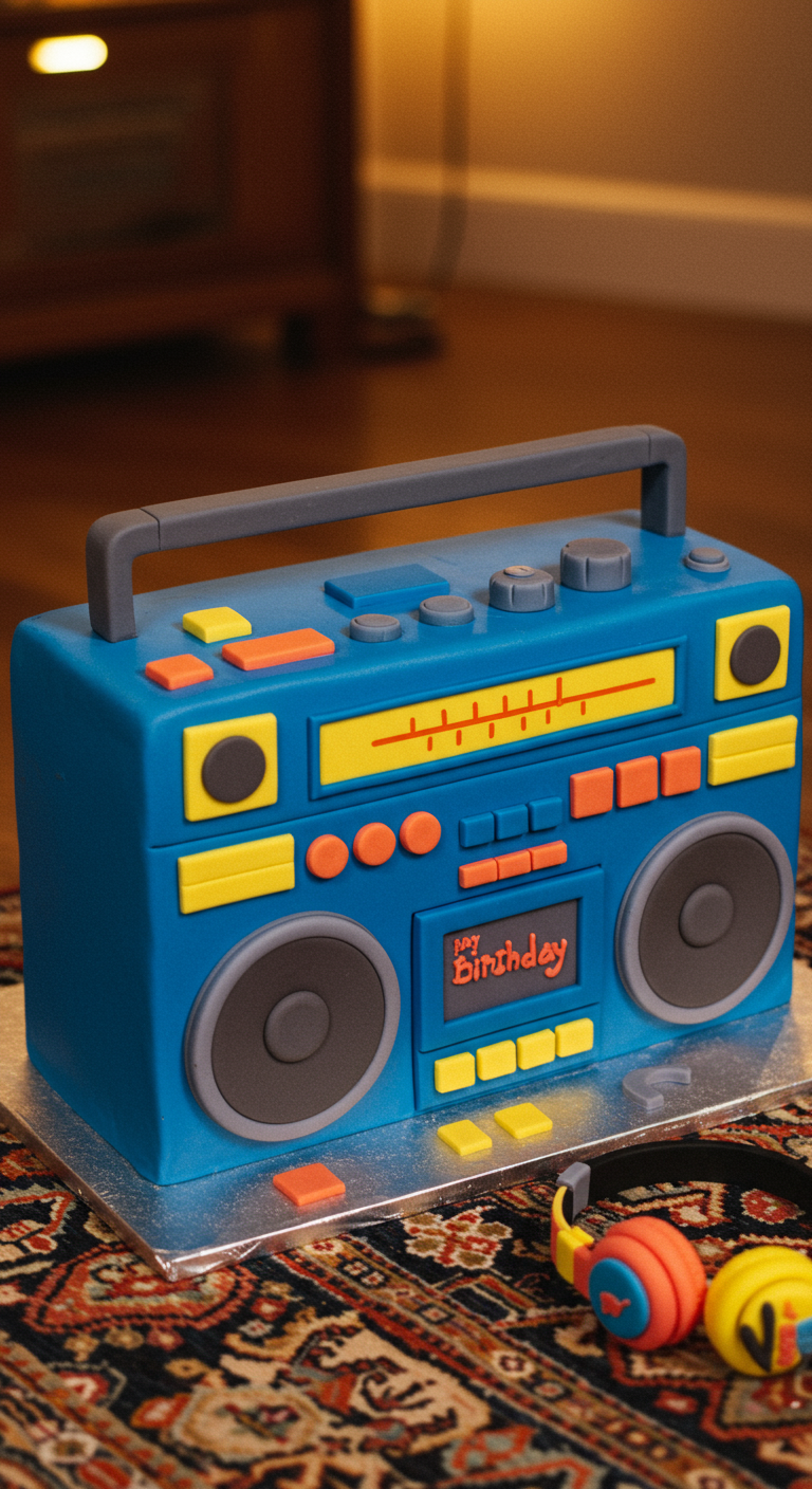 Detailreiche Torte in Form eines blauen Ghettoblasters.