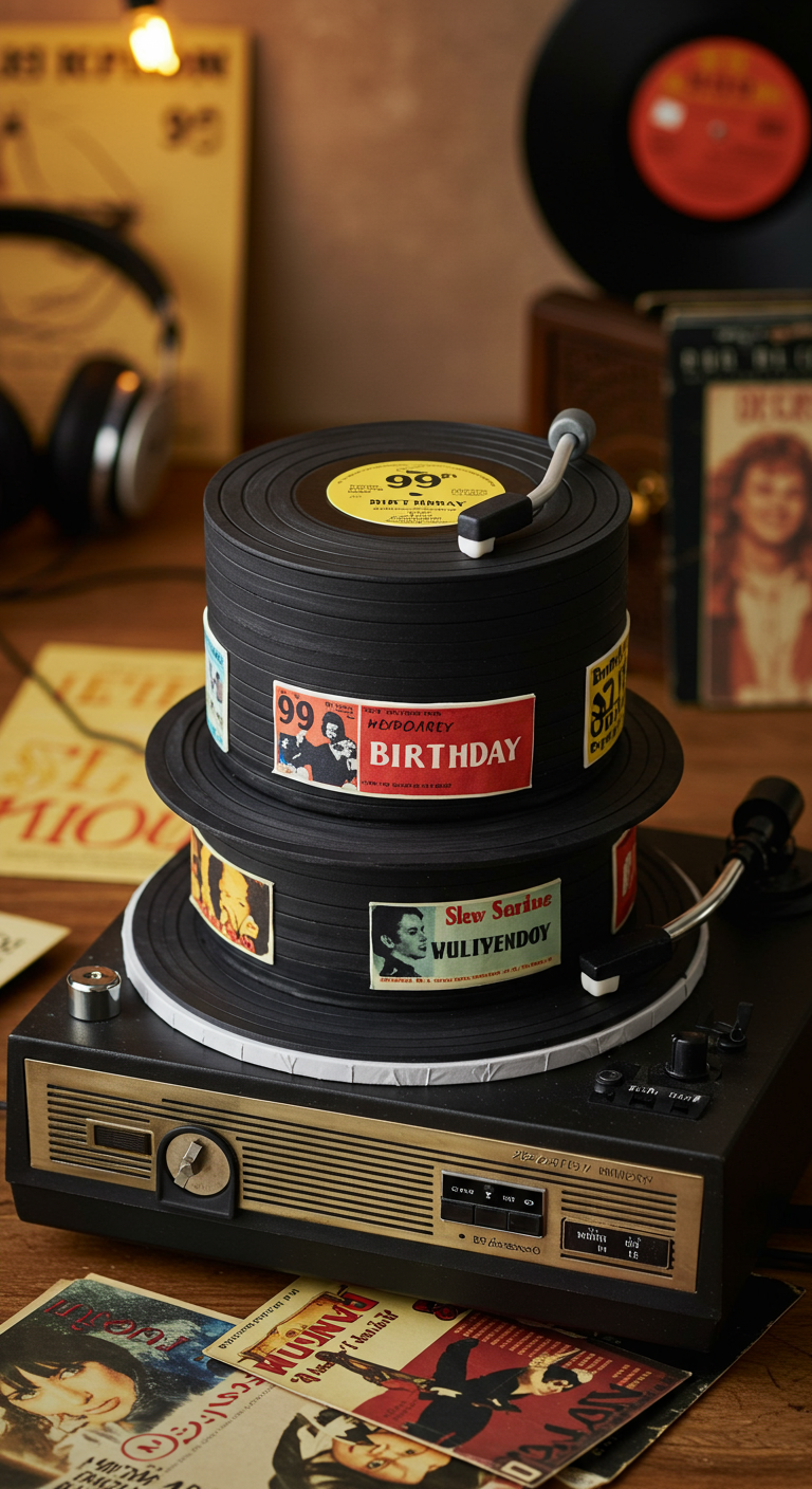 Zweistöckige Torte in Form von Schallplatten mit individuellen Etiketten.