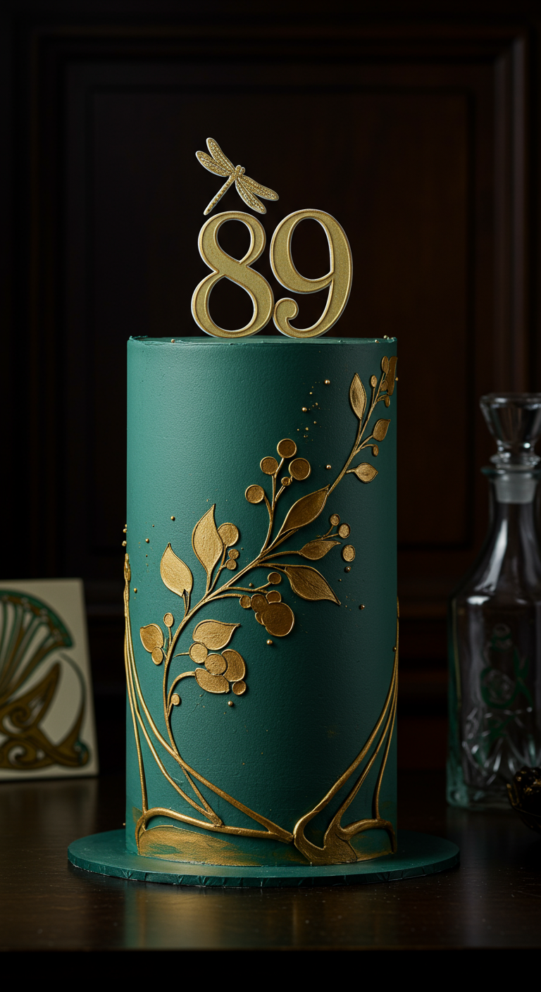 Hohe, dunkelgrüne Torte mit goldenen, aufgemalten floralen Mustern und goldenem