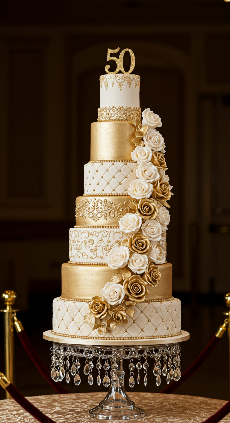 Sehr hohe, mehrstöckige gold-weiße Torte mit Rosenkaskade und '50' Topper.