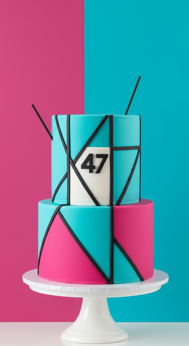 Zweistöckige Torte in Pink und Blau mit schwarzen geometrischen Linien.