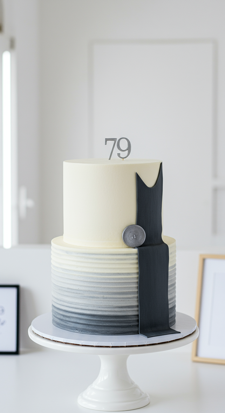 Zweistöckige Torte mit grau-weißem Ombré-Effekt, grauem Fondant-Schal und silberner '79'.