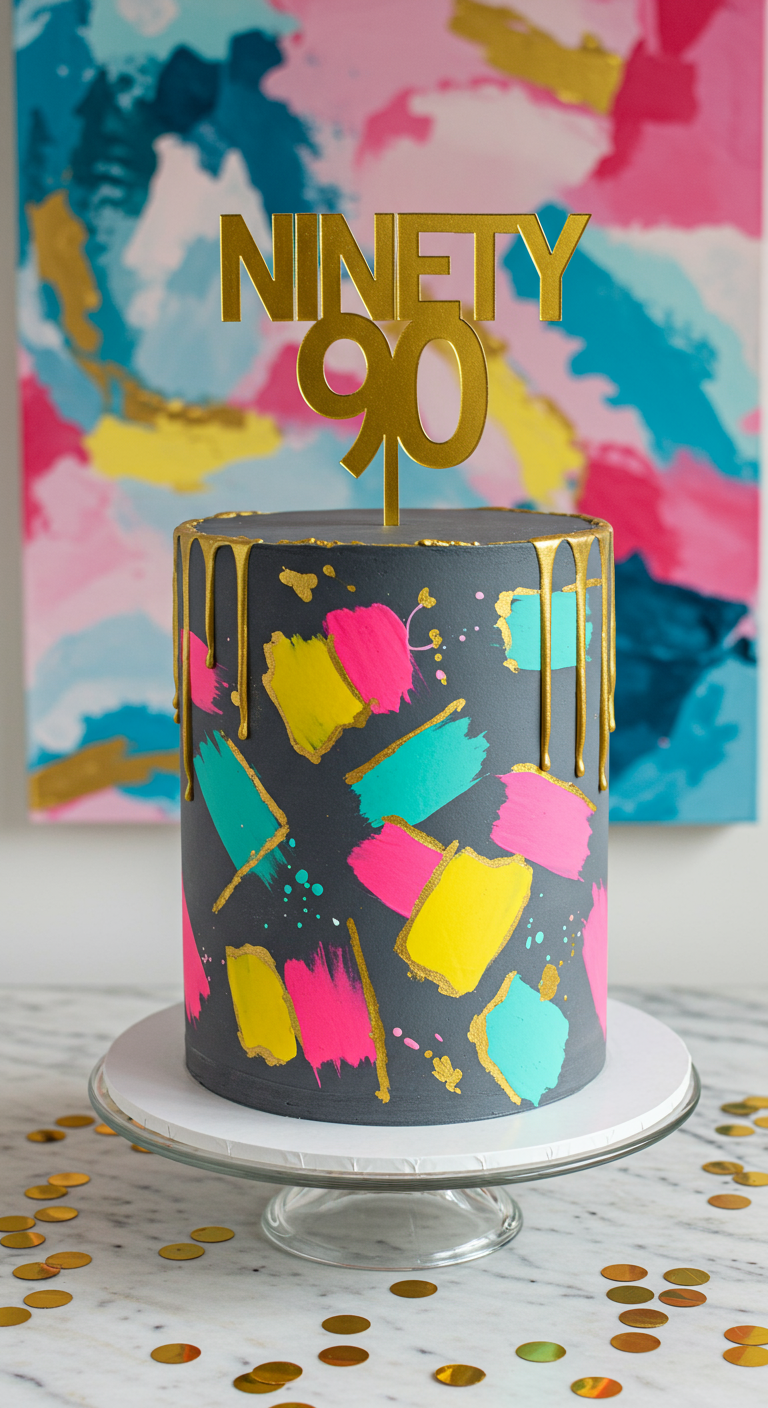 Graue Torte mit bunten Neon-Pinselstrichen, Gold-Drip und „NINETY 90“ Topper.