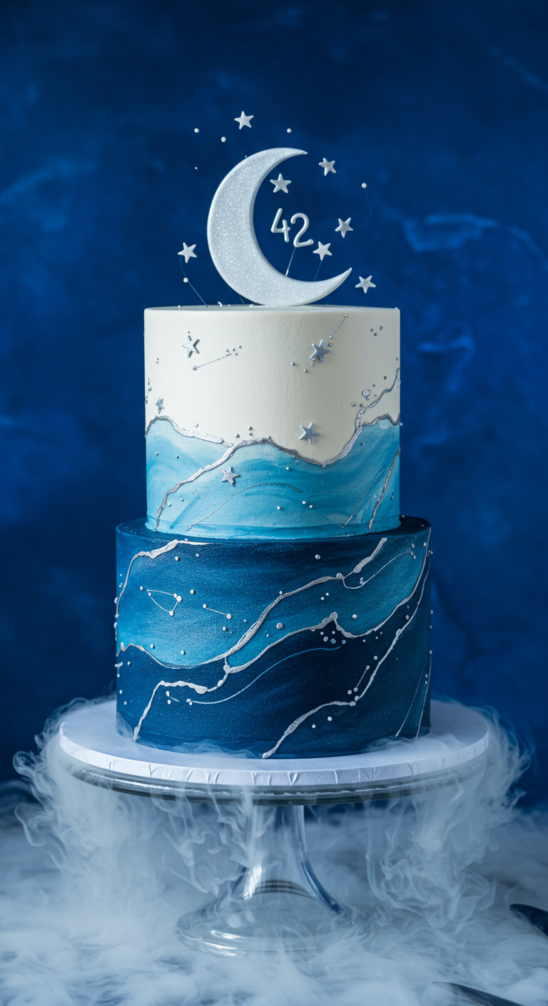 Zweistöckige Torte in Blau-Weiß-Verlauf mit Mond- und Sternen-Topper, umgeben von Nebel.