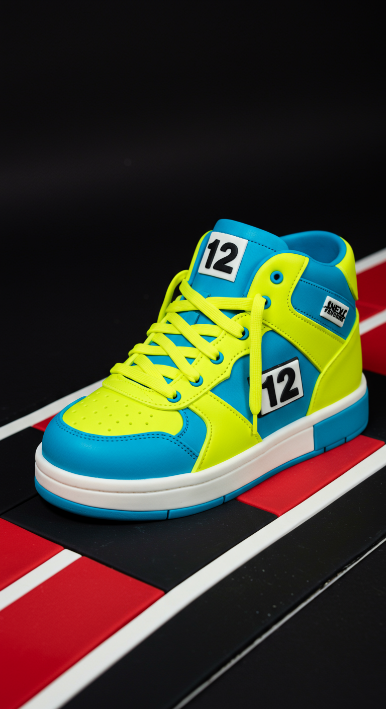 Torte in Form eines leuchtend gelb-blauen Sneakers mit der Zahl 12 an mehreren Stellen.
