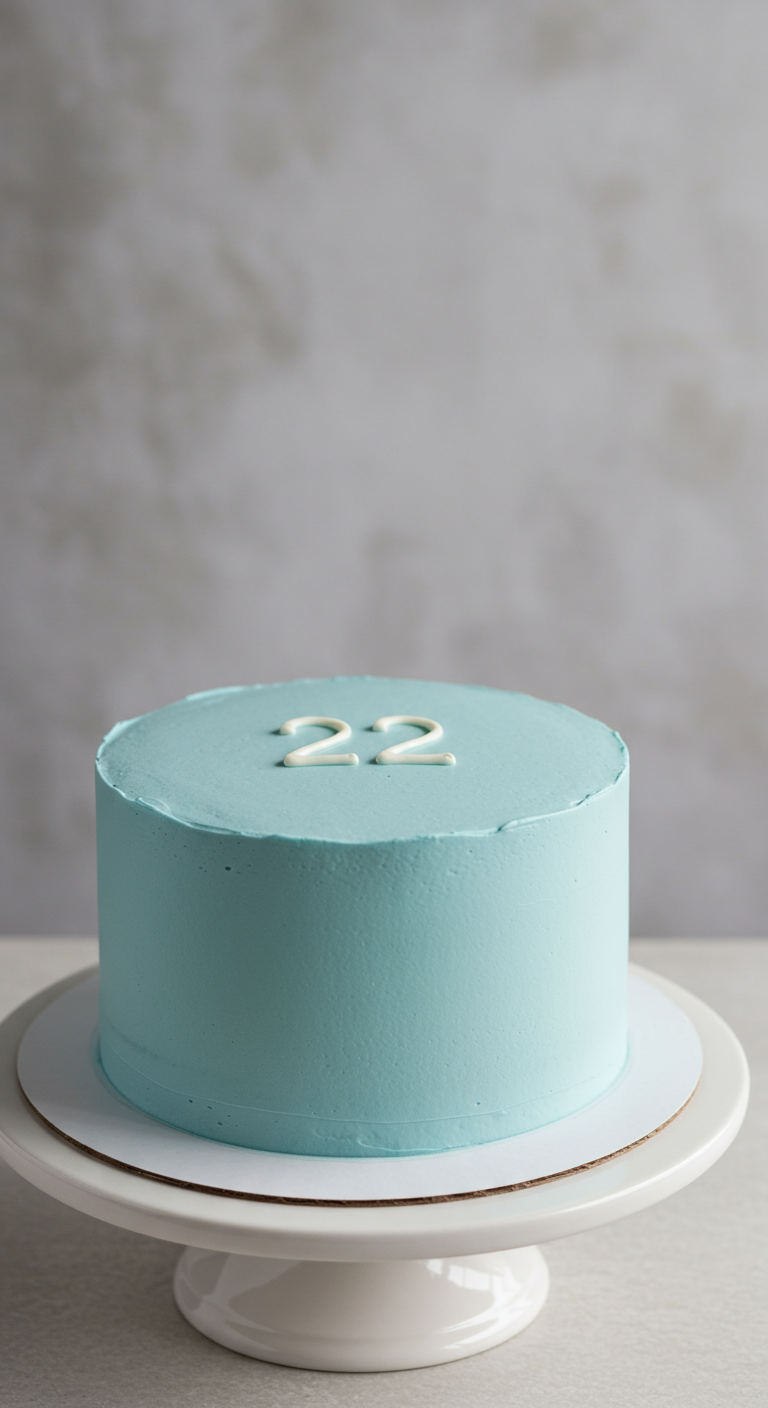 Hellblaue Torte mit der Zahl 22 aus weißer Buttercreme aufgespritzt.