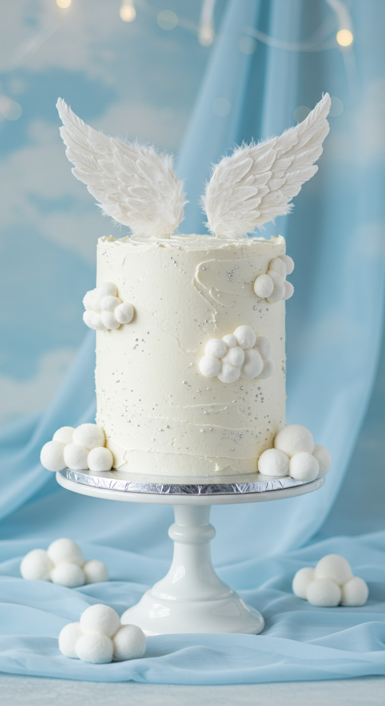 Weiße Torte mit großen Engelsflügeln aus Wafer Paper und Fondant-Wolken.