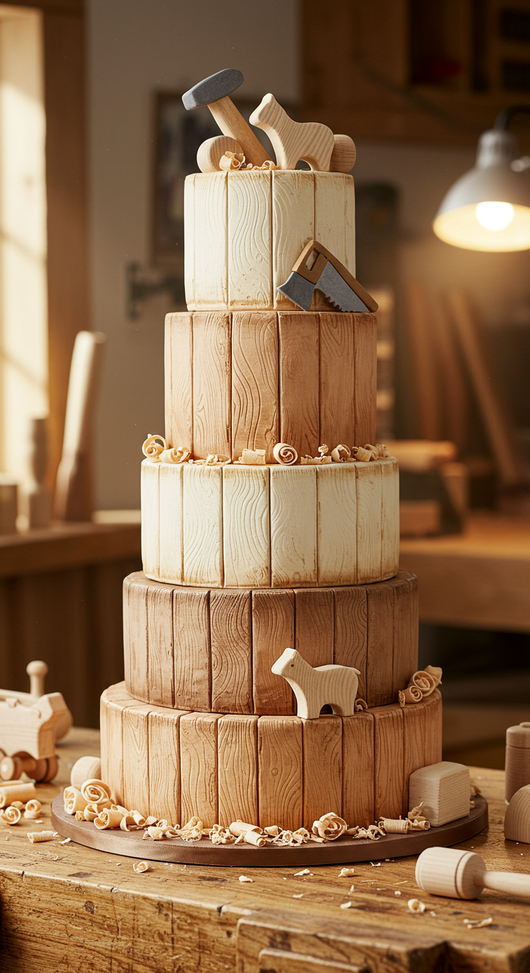 Mehrstöckige Torte in Holzoptik mit verschiedenen Brauntönen und Holzfiguren.