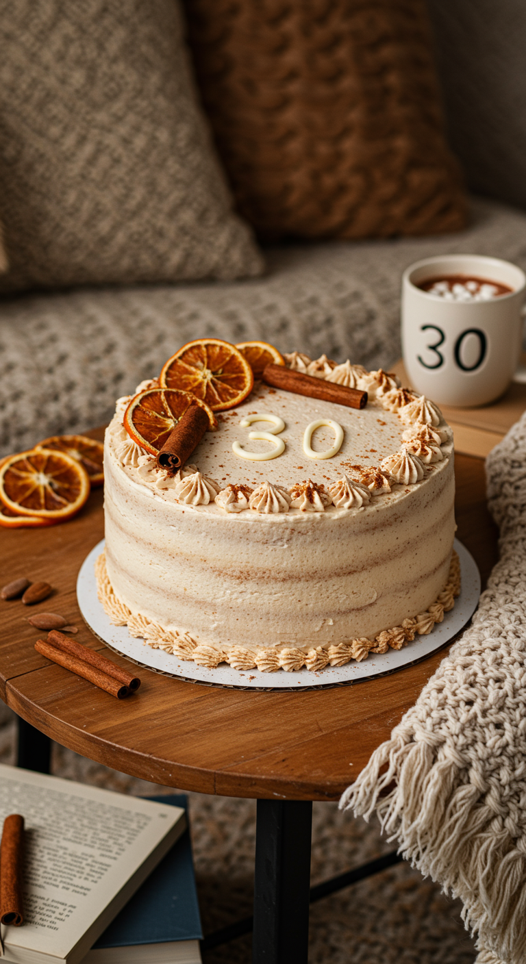 Einfache Cremetorte mit Orangenscheiben, Zimtstangen und der Zahl 30.