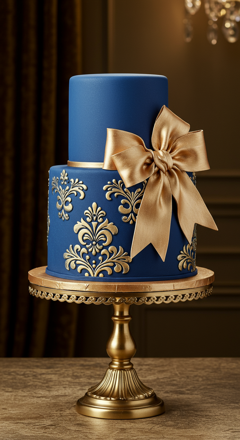 Zweistöckige dunkelblaue Torte mit goldenen Ornamenten und einer großen goldenen Schleife.
