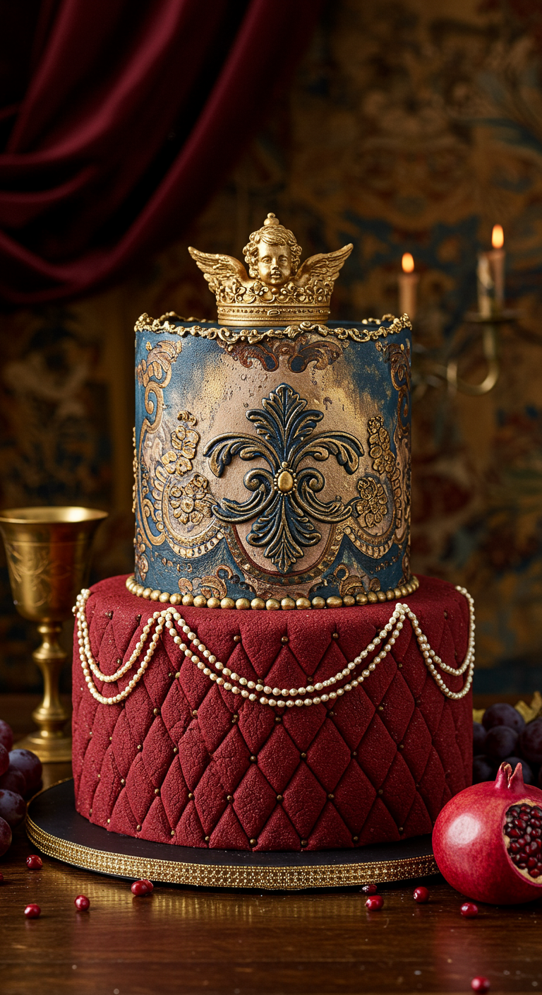 Zweistöckige barocke Torte: untere Etage rot gesteppt, obere blau mit goldenen Ornamenten, Cherub-Topper.