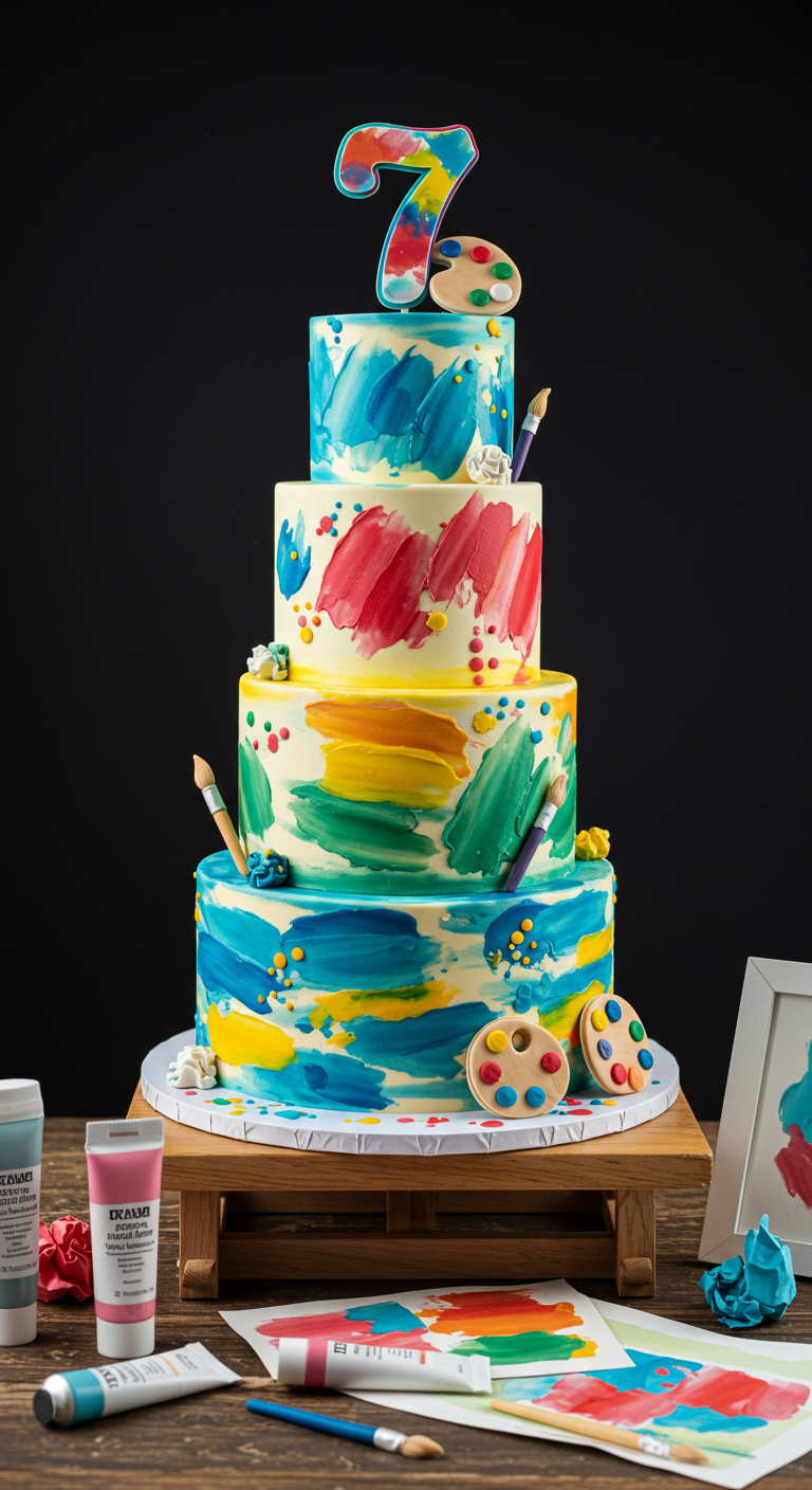 Mehrstöckige Torte mit bunten Farbklecksen und Malerutensilien dekoriert.